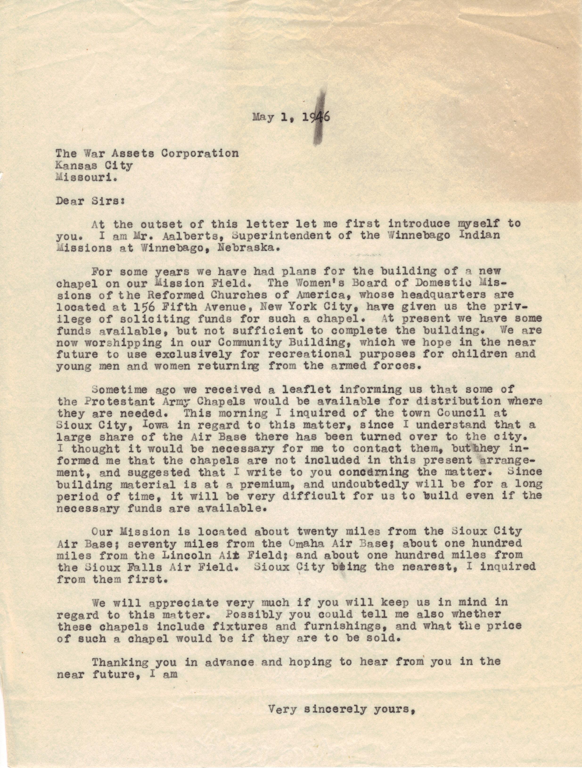 Letter of inquiry, May 1, 1946
